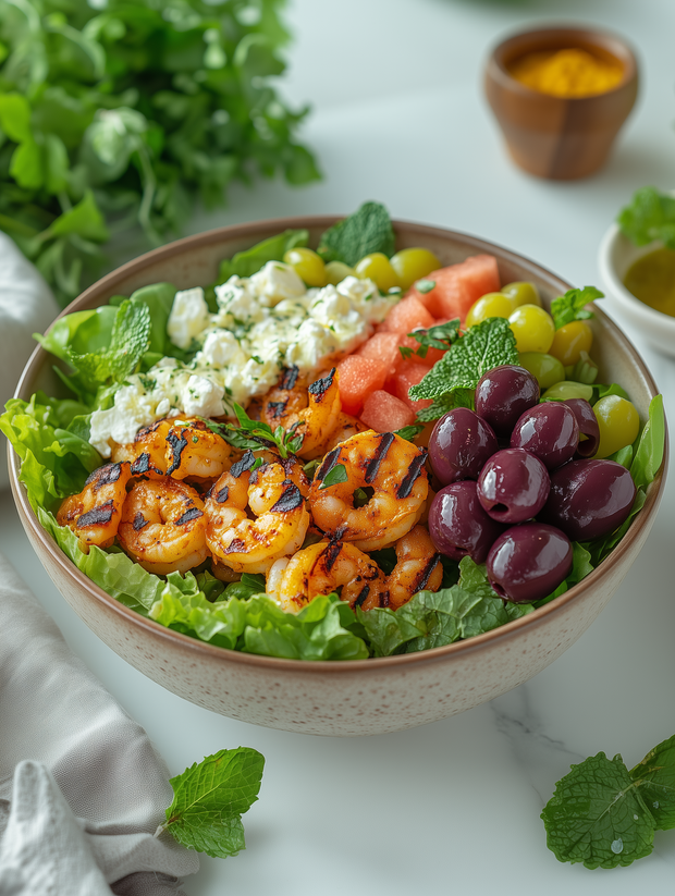 Mediterraner Salat mit Shrimps und Wassermelone