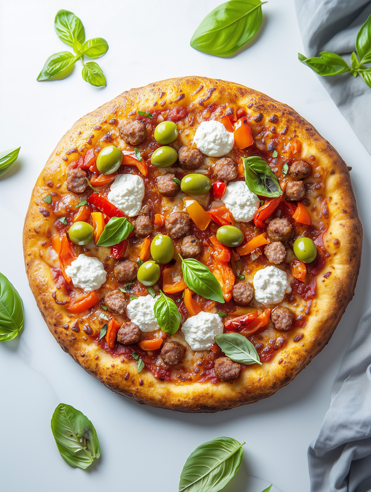 Pizza mit Wurst, Oliven und cremigem Ricotta