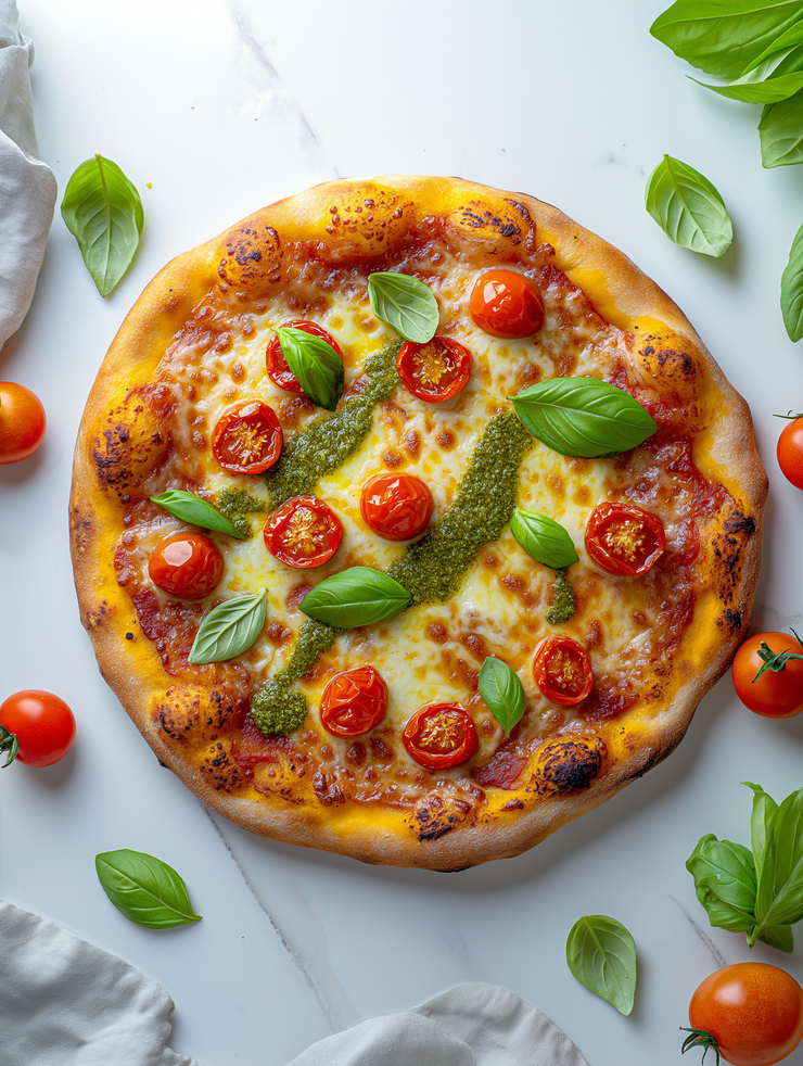 Pizza mit Kirschtomaten und Pesto